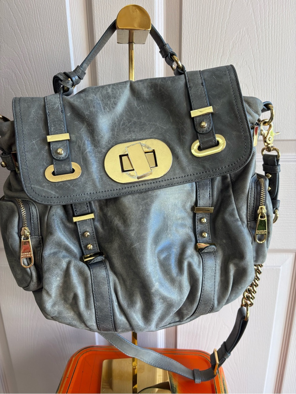 Badgley Mischka Gray Leather Satchel Handbag with Gold Hardware